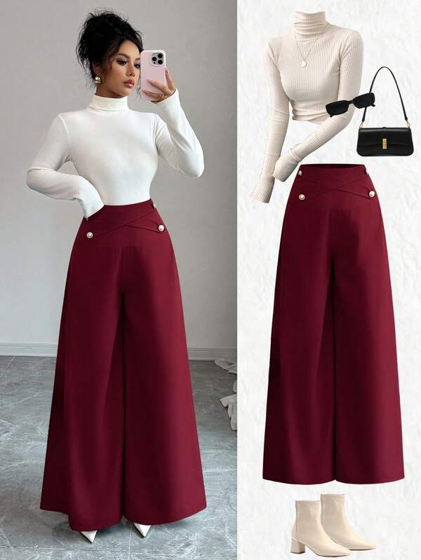 Elenzga New High Waist Wide Leg Pants With Crossover Waistband & Elegant Pearl Button Design, Versatile For Daily Wear & Commuting, Youthful & Graceful