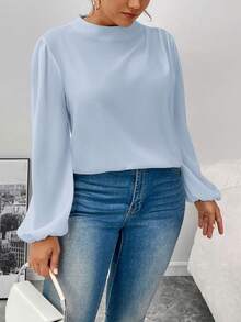 SHEIN Privé 大码女士优雅通勤办公百搭立领褶皱肩长袖衬衫，秋冬款 - 淺藍色 - 查看 5