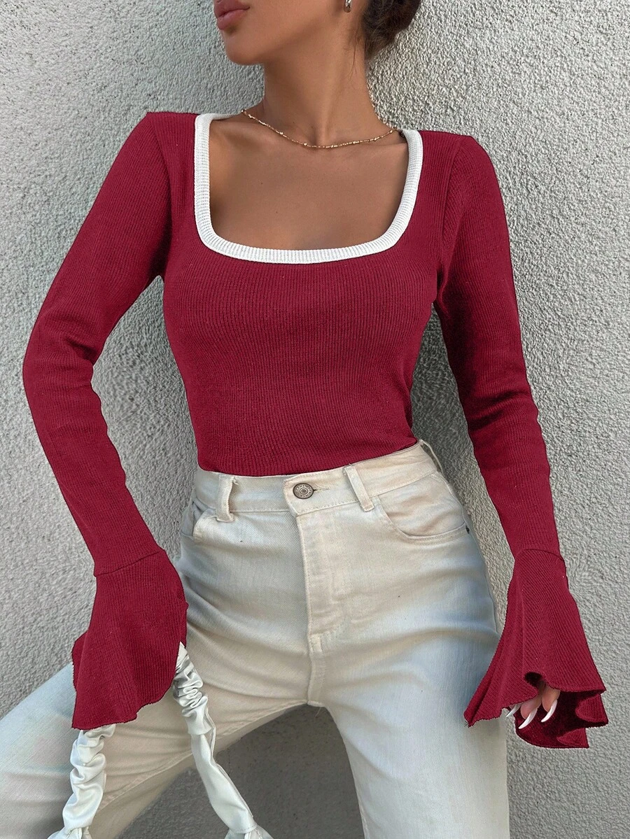 EURMUSE Cotton Contrast Binding Flounce Sleeve Tee - Red - View 1