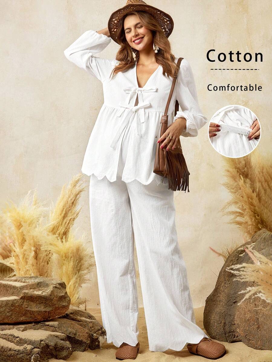 Boho Mama 波西米亚风孕妇两件套休闲纯色系带衬衫长裤套装，纯棉两件套，棉质女装，大码裤装套装，两件套女装，亚麻两件套女装 - 白色 - 查看 1