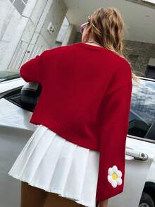 Chiquease Áo len cardigan dệt kim 3D thêu hoa Dopamine ngắn nhiều màu sắc thời trang thường ngày, phù hợp cho mùa xuân, mùa thu và mùa đông - Màu Đỏ Sâu - Xem 2