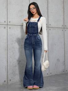 SHEIN Teen Girl Y2K Blue Denim Elastic Skinny Flare Suspender Pants,Fall Clothes,Winter Clothing ,Casual And Fashionable Vacation Outfits,Street Wear,2000s Style  ,Christmas Clothing,Bell Bottom  Jeans ,Bell Bottom  Jeans  Overall,