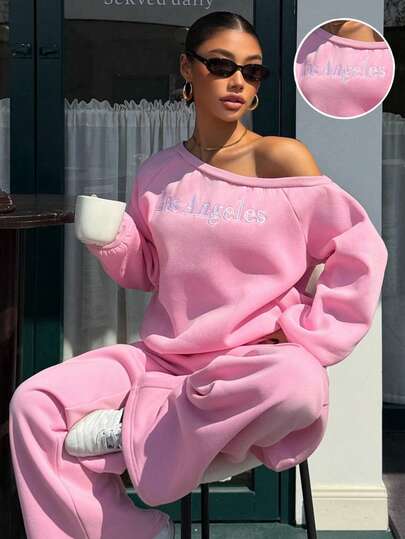 Muchica Women's Pink Letter Embroidered Loose Oblique Shoulder Thermal Lined Sweatshirt And Sweatpants Set, For Going Out Outfits, Streetwear,Y2K Clothes,Autumn/Winter Clothes