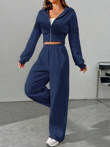 SHEIN EZwear 女士休闲藏蓝色拉链连帽衫和裤子套装（2件套），冬季服装 - 藏蓝色 - 查看 5