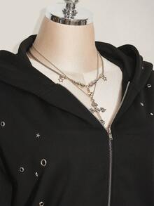 SHEIN ICON Sudadera con capucha casual con decoración de metal para tallas grandes, otoño/invierno - Negro - Ver 7