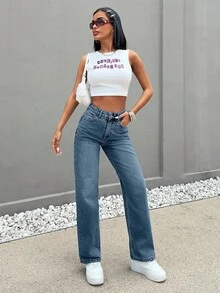 EURMUSE Hochgeschnittene gerade geschnittene hellblaue Jeans für Große - Graublau - Übersicht 5