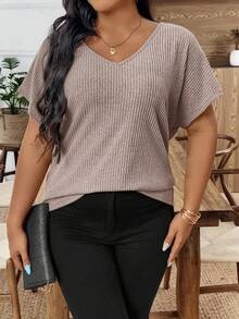 SHEIN Clasi Plus Size Women's V-Neck Backless Batwing Sleeve Casual T-Shirt Going Out Bow Summer Elegant Backless Textured Fabric Back With Bow Classic Women's T-Shirt - Rusty Rose - View 5