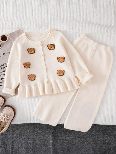 SHEIN Playful Pals Young Girl Bear Graphic Cardigan And Knit Pants Set, Young Girls Two Pieces Suit, Long Sleeve Coord Sets For Spring And Autumn, Linen Feel Casual Outfit