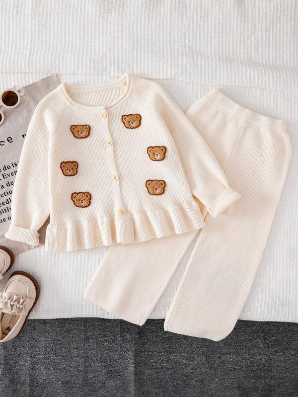 SHEIN Playful Pals Young Girl Bear Graphic Cardigan And Knit Pants Set Kids Two Piece Set Girls Suit Set Girls Coord Sets Kids Long Sleeve Set Girl S Spring And Autumn Suit Kids Long Sleeve Summer Sets Linen