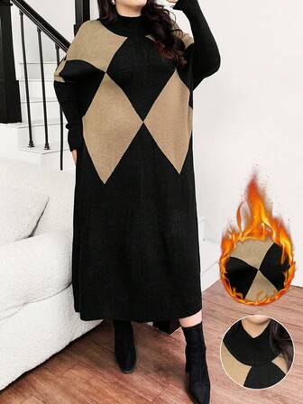 Feyla 大码菱形图案宽松优雅长袖毛衣裙