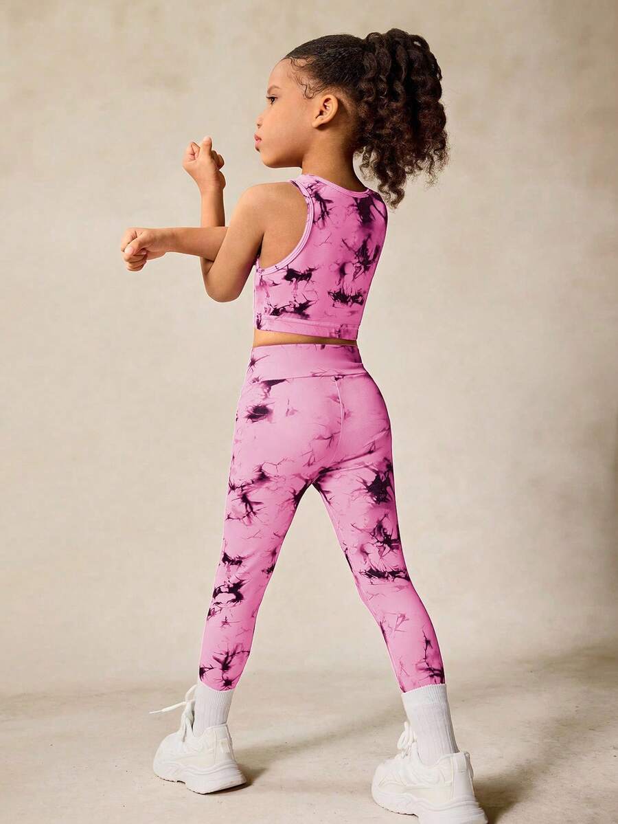 SHEIN 2pcs/Set Girls' Tie-Dye Print Camisole And Leggings Yoga Outfit, Matching Sets, Back To School - Pink - View 1