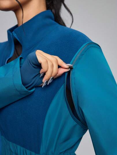 Innovista Kvinna Blågrön smörig mjuk fleece patchwork framdragkedja långärmad casual sport träningsoverall tröja t-shirt, eleganta avtagbara ärmar varma tröjor, bergsklättring och sport, skidjackor, daglig atletisk HIIT träning komfort rörelse kondition löpning cykling crossfit utomhusträning