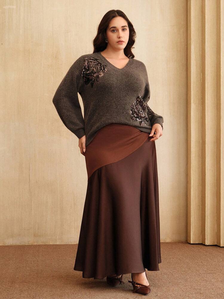 Elegant Luxury Formal Chic V-Neck Plus Size Sweater With Embroidered Floral Sequins, Suitable For Fall/Winter, Christmas, New Year, Party