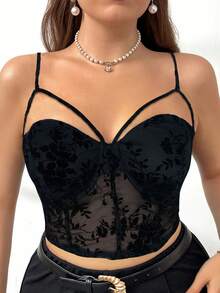 Firerie Áo hai dây lưới họa tiết hoa cỡ lớn ôm vừa vặn gợi cảm dành cho nữ - màu đen - Xem 3