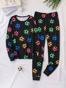 2 Piece Sets Snug Fit Teen Boy Football Print Crew Neck Long Sleeve Top And Pants Casual Pajama Set, Suitable For Spring, Autumn, Winter, Indoor And Outdoor Wear, With Special Christmas Vibe Design,Boys Outfit Sets, Teen Long Sleeve Pajama - Multicolor - View 1