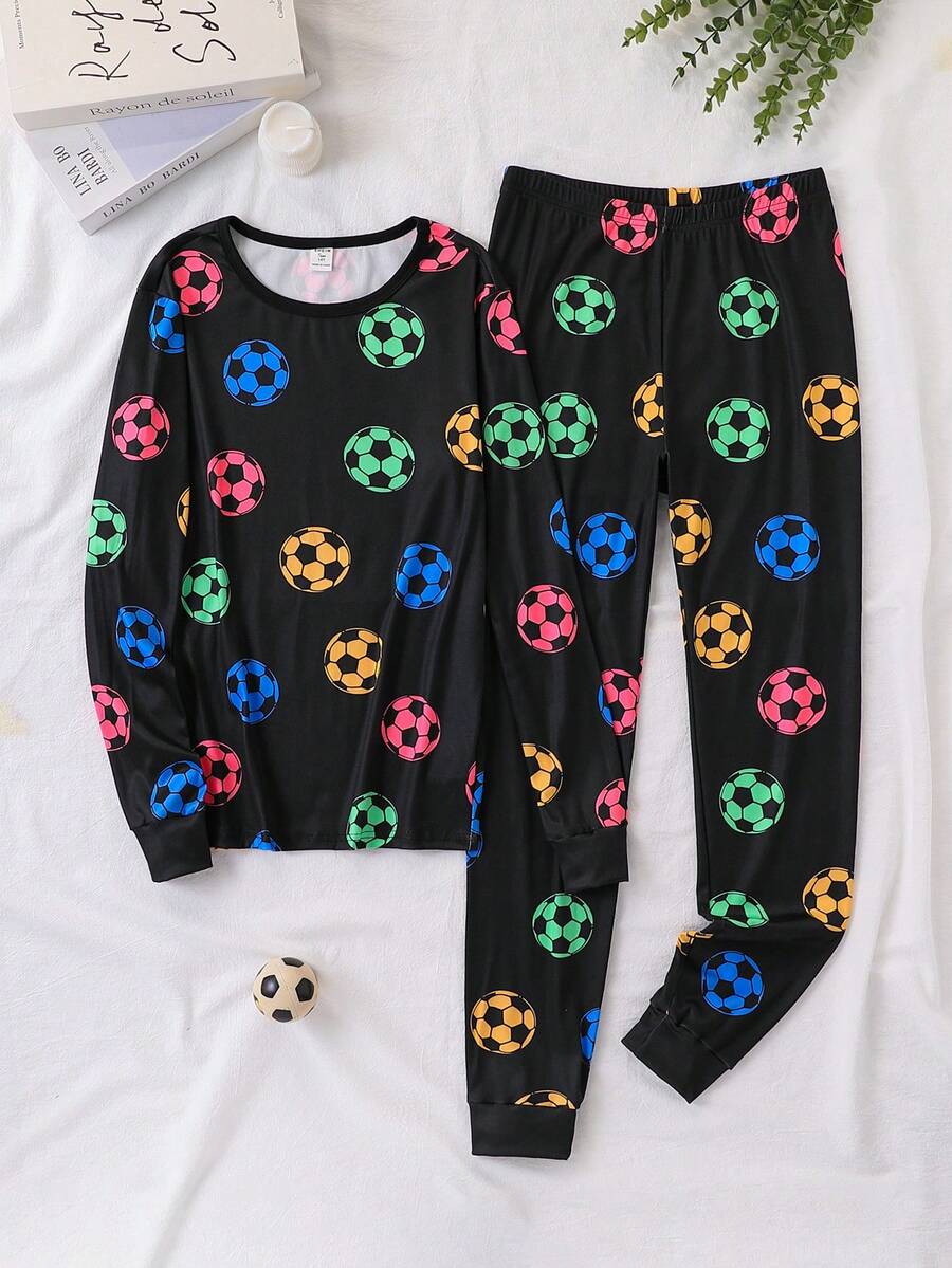 2 Piece Sets Snug Fit Teen Boy Football Print Crew Neck Long Sleeve Top And Pants Casual Pajama Set, Suitable For Spring, Autumn, Winter, Indoor And Outdoor Wear, With Special Christmas Vibe Design,Boys Outfit Sets, Teen Long Sleeve Pajama - Multicolor - View 1