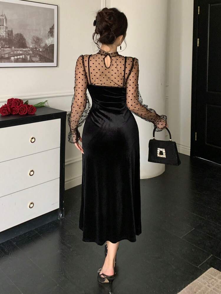 Women's Polka Dot Mesh Patchwork Long Sleeve Elegant Mid-Length Dress