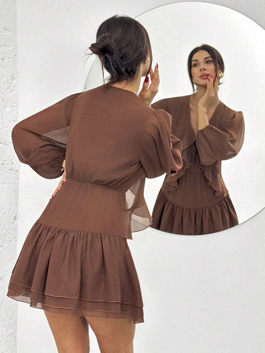 Firerie Spring Ruffle Detail Long Sleeve Mini Dress Elegant Layered Chiffon Fall Winter Holiday Wedding Guest Statement Blouson Sleeve Flowy Feminine Cocktail Party Boho