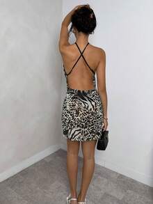 Glamine Women's Halter Plunging Draped Neck Sheer Leopard Print Party Dress - Black - View 5