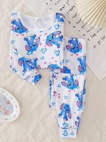 Girls' Cute Rabbit Print White Base Round Neck Long Sleeve Knit Elastic Fabric Comfortable Fitted2 Piecese Loungewear Set - Multicolor - View 6