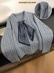 Franclia Grey Twist Knot Elegant Fashion Long Sleeve Pullover Sweater