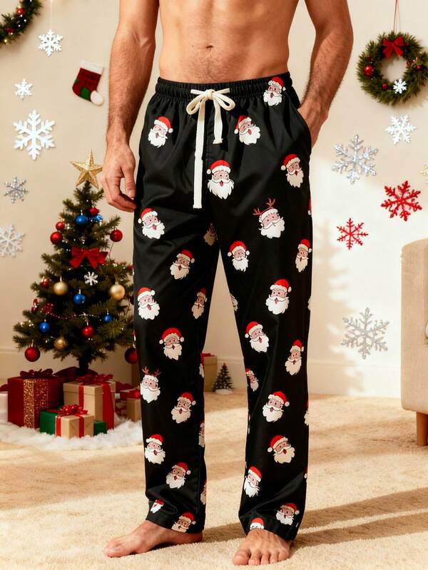 Manfinity Homme Men's Full Print Christmas Drawstring Waist Loose Straight Leg Beach Pants Coupled Up Christmas Santa Reindeer Print Satin Lapel Long Sleeve Pajama Set For Men, Fall Clothes Matching Couple Pajama Set Christmas Pajamas Couple Men Pjs Christmas Pjs