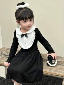 SHEIN 2pcs/Set Young Girl Knitted Contrast Color Collar Fitted Casual Dress - Black - View 5