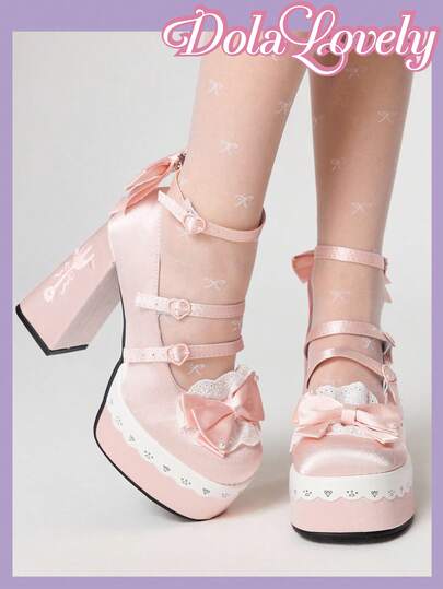 Dola Lovely Women's Black High Heel Closed Toe Mary Jane Shoes With Strap, Waterproof Platform, Lolita Gothic Bowknot Sweet JK Style Pumps For Christmas