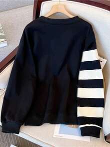 INAWLY 女士加大码条纹拼接圆领休闲宽松卫衣 - 黑與白 - 查看 2