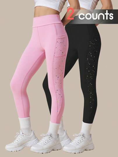 SHEIN 2 piezas Conjunto de leggings para niñas preadolescentes, pantalones ajustados de yoga con estampado de puntos y cielo estrellado, de gran elasticidad, moda, versátil, adecuado para deportes, exteriores, correr, ciclismo, senderismo, negro y rosa