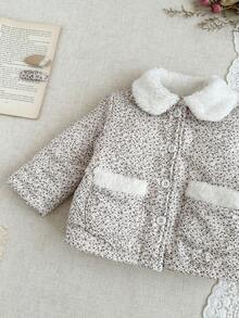 SHEIN 女婴6个月-3岁冬季外套，休闲风格，长袖印花加厚保暖纽扣夹克