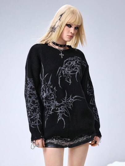 Grunge Punk Maglione da donna con stampa sfocata di spine e luci al neon in stile punk dark