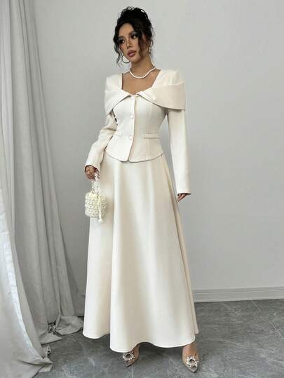 Selianne 女士纯色两件套：长袖单排扣外套 + 长款百褶裙，尽显精致优雅。这款两件套可轻松驾驭各种场合，从正式工作装和日常通勤到浪漫的法式装扮、休闲外出、中东复古主题活动、温馨的下午茶聚会、魅力四射的派对以及新年、感恩节和圣诞节等节日庆典。