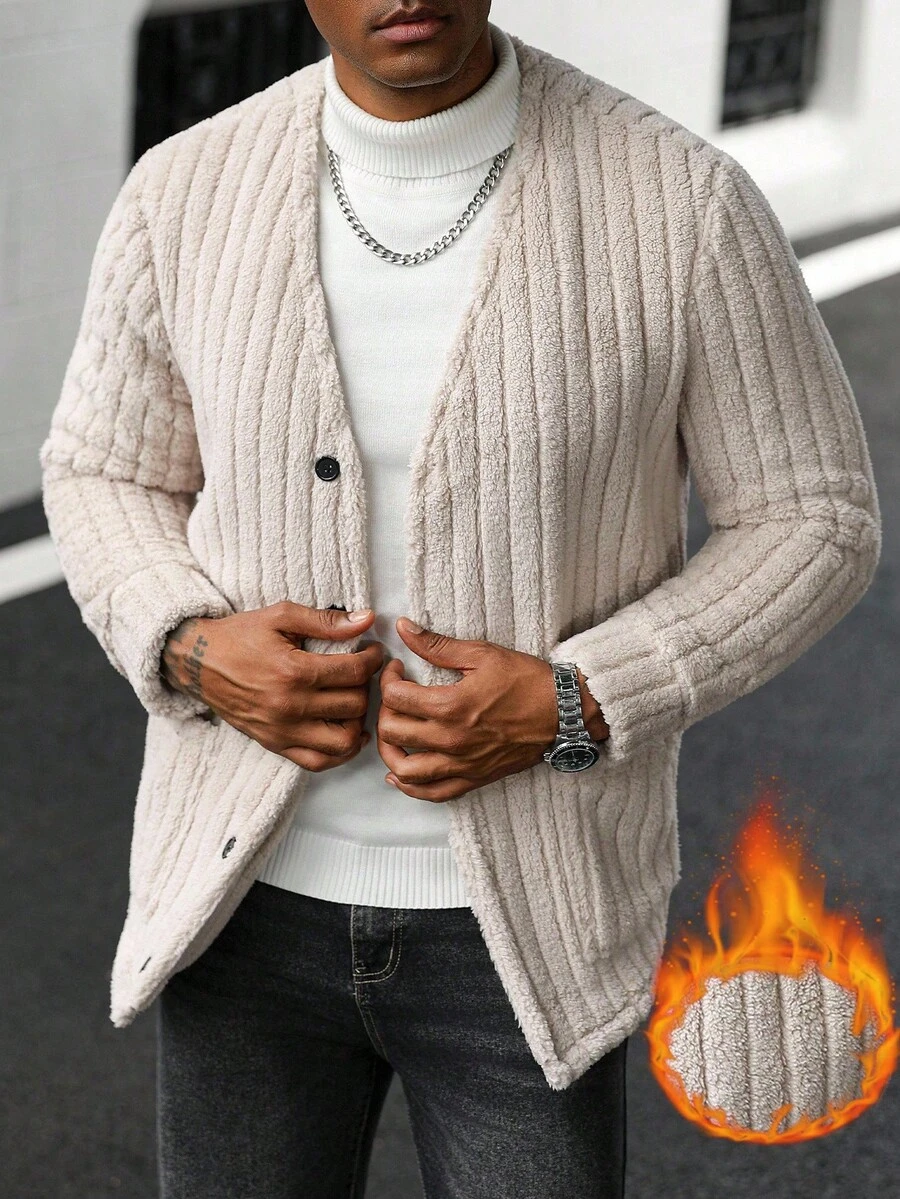 Manfinity Homme Men's Casual Simple Double Pocket Front Button Jacket, Autumn/Winter Men Knitted Cardigans Cream Cardigan Men Knitted Button Up Men Sweater Jacket Men Cardigan Sweater - Apricot - View 1