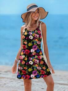 Sylviya V 领花卉印花迷你连衣裙，休闲优雅，适合度假、约会、派对，时尚吊带背心连衣裙，黑色背景 - 彩色 - 查看 3