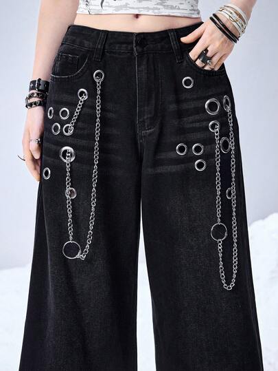 Grunge Punk Pantalon large à décoration de chaîne, style punk chic de rue K-pop