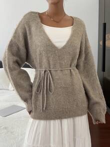DAZY Women's Solid Color Deep V-Neck Dropped Shoulder Long Sleeve Loose Casual Sweater, Autumn/Winter - Khaki - View 3