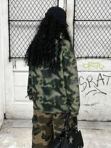 Rovax T-shirt à manches longues col rond avec imprimé tête de mort et léopard, style décontracté oversize. Automne - Vert - Voir 2