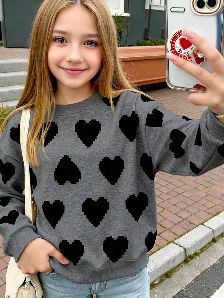 少女舒适秋冬休闲时尚创意个性清新简约高端黑色爱心图案印花宽松灰色圆领卫衣，舒适秋冬女童卫衣 - 彩色 - 查看 1