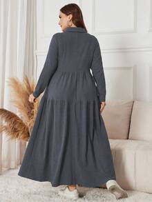 Lacomfia 大码女式纯色长袖单排扣休闲长款针织连衣裙 - 霧霾藍 - 查看 2