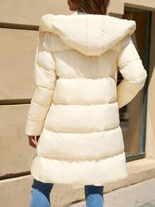 EURMUSE Two-Tone Hooded Pocket Zip-Up Mid-Length Padded Coat - Cream - View 2