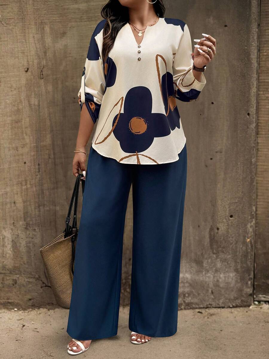 SHEIN LUNE Plus Size Women Floral Print Top And Solid Color Pants Casual Matching Set, Autumn/Winter - Multicolor - View 1