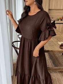 EMERY ROSE Đầm suông cổ tròn tay ngắn trang trí nơ trơn màu cỡ lớn cho nữ - màu nâu - Xem 3