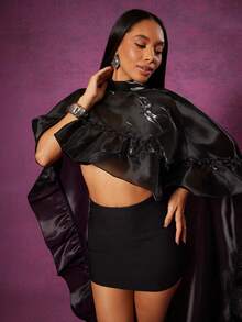 Vixey Sheer Organza Mock Neck High Low Ruffle Hem Top - Black - View 5