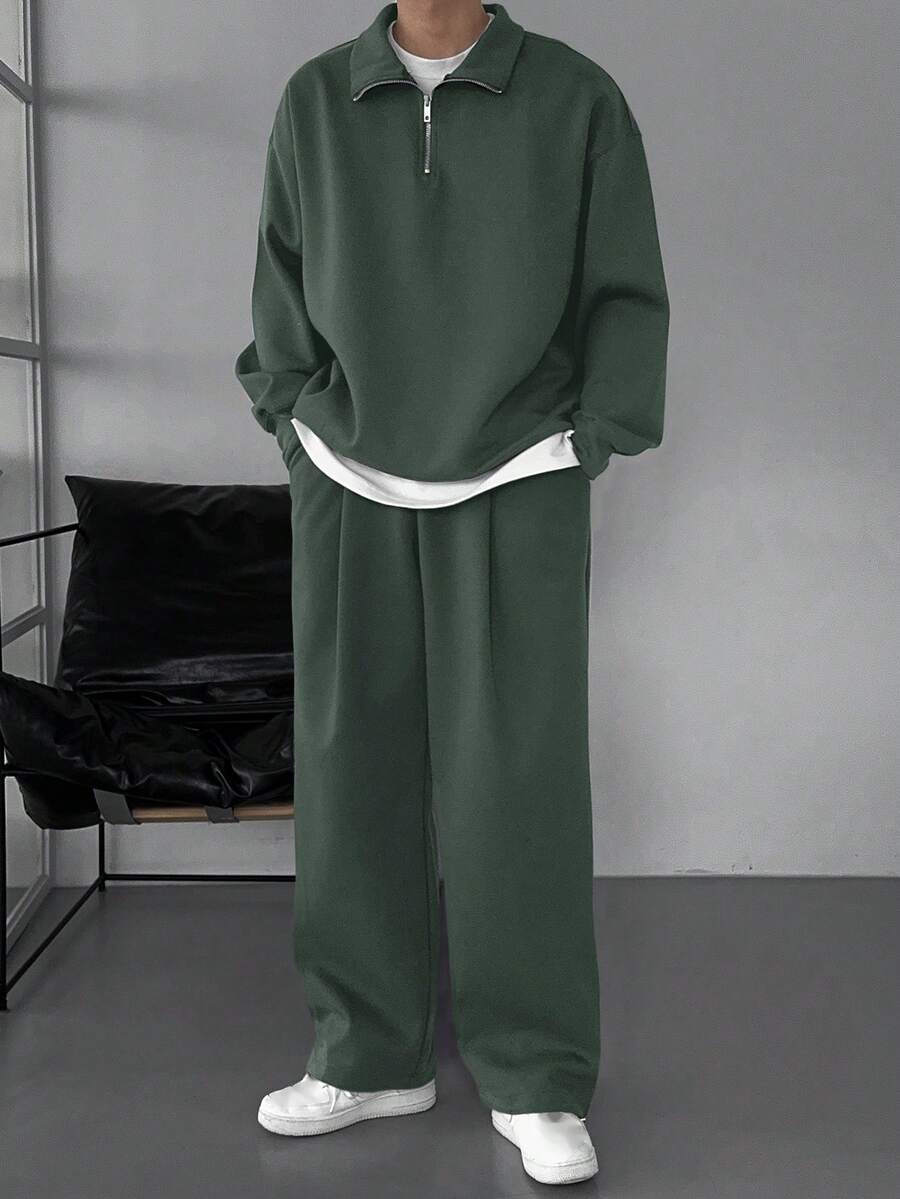 DAZY 男士纯色橄榄绿抓绒运动套装，秋冬季 - 軍綠色 - 查看 1