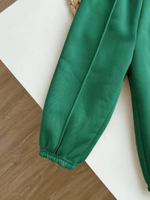 SHEIN 女婴可爱灰色字母印花长袖卫衣裤套装，秋冬款 - 墨綠色 - 查看 6