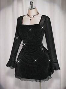 SHEIN ICON Plus Size Ladies Party Outfit Retro Suitable For Date, Shiny Silk Pleated Mini Dress - Black - View 3