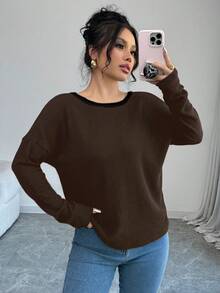 Elenzga Women's Autumn Bowknot Decorated Long Sleeve Fashion T-Shirt Graphic Tees Women Tops For Spring - Coffee Brown - View 2
