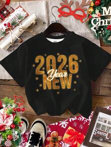 SHEIN Leap Crew 少女新年快乐，可爱卡通新年圣诞彩灯图案，适合跨界派对、聚会、家庭聚会、亲子装、休闲短袖宽松落肩T恤，适合夏季、圣诞节、新年、街头摄影、居家、假期、校园表演等场合。 - 彩色 - 查看 3