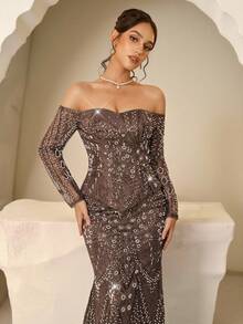 Coutiva 优雅秋冬亮片串珠露肩/单肩长袖两件套，搭配美人鱼裙摆，正式晚礼服，适合婚礼宾客、毕业典礼、生日派对、秋冬派对、音乐节等场合。 - 棕色 - 查看 7
